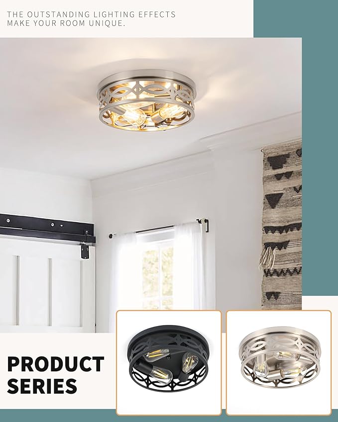 Brushed Nickel Flush Mount Ceiling Light Fixtures,3-Light Modern Hallway Light Fixtures, 13 inch Light Fixture Ceiling Mount for Kitchen, Farmhouse,Bedroom 2 Pack