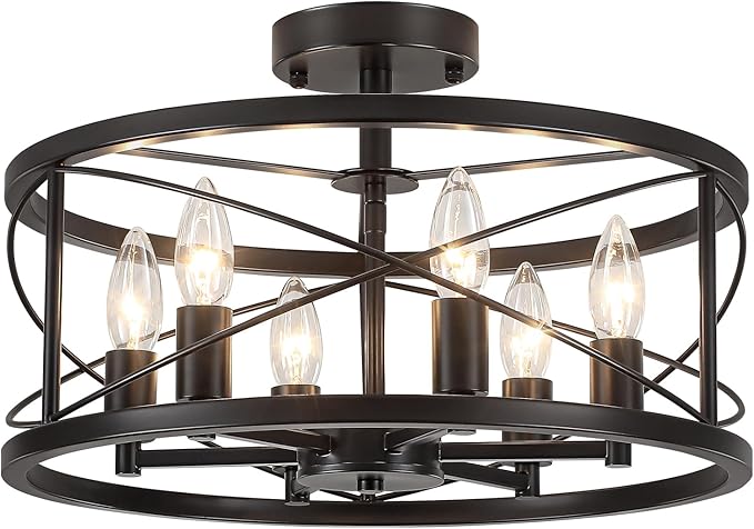 TOULMJ 6-Light Black Semi Flush Mount Ceiling Light, 16.53'' Modern Entryway Light Fixtures, Farmhouse Light Fixtures Flush Mount Chandelier for Kitchen Island Laundry Hallway Dining Room