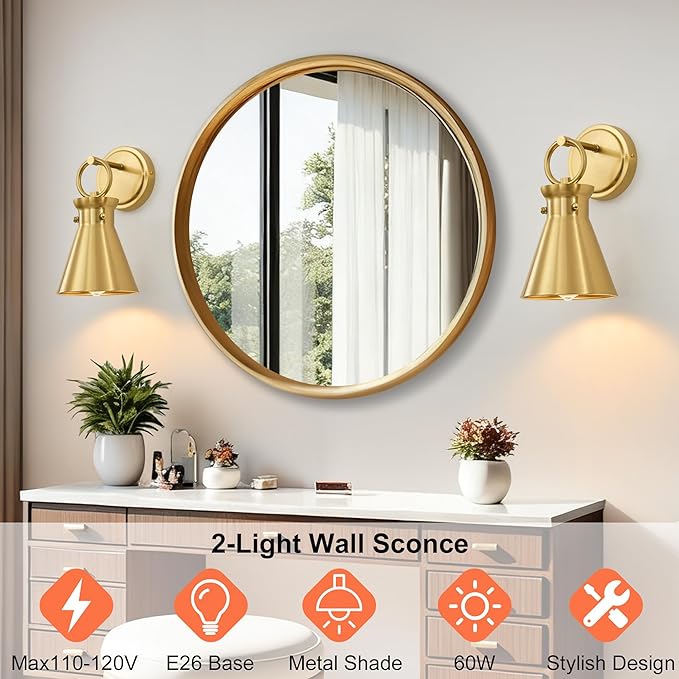 Gold Wall Sconces for Bathroom, Modern Vanity Light Fixtures, Wall Mount Lighting Farmhouse Wall Lights with 6 Inch Metal Lampshade for Bedroom Living Room Mirror Kitchen (Gold Metal, 2 Pack)
