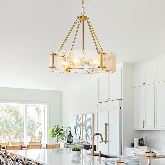 WILON Chandeliers for Dining Room, Modern Glass Pendant Light Fixtures,6-Light Foyer Kitchen Lighting Fixtures Textured Hanging Lights for Bedroom, Bathroom, Laundry Room, Entryway, Hallway (Gold)