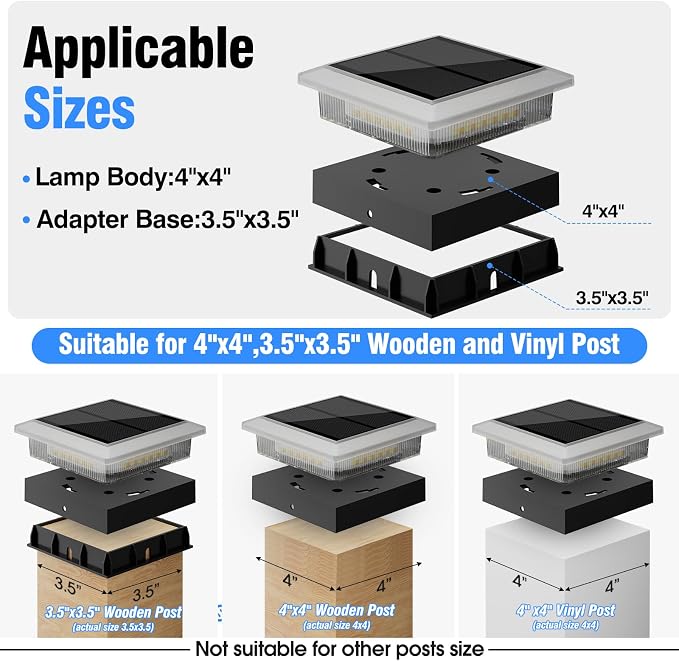 4x4 96 LED Post Solar Lights 12 Pack, 4 Lighting Modes Solar Post Cap Lights for 4x4 3.5x3.5 Wood/Vinyl Posts, Ip67 Waterproof Fence Deck Post Lights Solar Powered for Patio Porch, Black