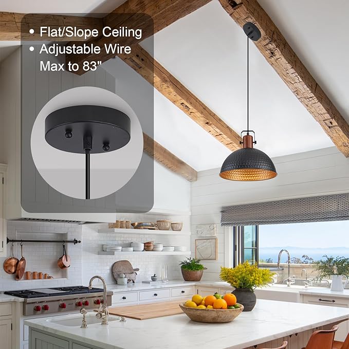 12 Inch Black Pendant Lights Hammered Matte Pendant Lights for Kitchen Island Industrial Farmhouse Adjustable Height Dome Hanging Light Fixtures for Barn, Dining Room 3 Packs