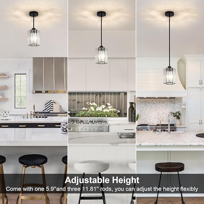 Black Pendant Lights, 3 Pack Crystal Pendant Lights Kitchen Island Lighting, 1-Light Modern Hexagonal Crystal Island Lights for Kitchen, Dining Room, Hallway, Foyer, Entryways