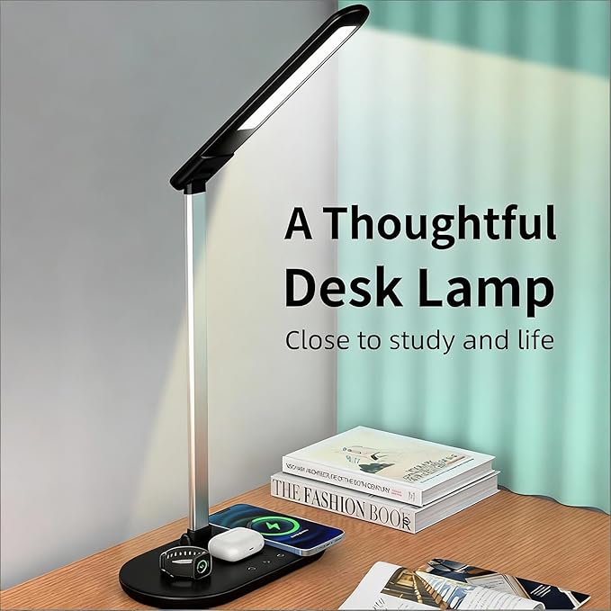 IHAO 3in1 Wireless Charging Eye-Care Desk Lamp 15W Fast Charging Station for Phone, Smartwatch & Earbuds, Touch Control Dimmable LED Light Adjustable Gooseneck, Modern Office Table Lamp-HYT2096 Black