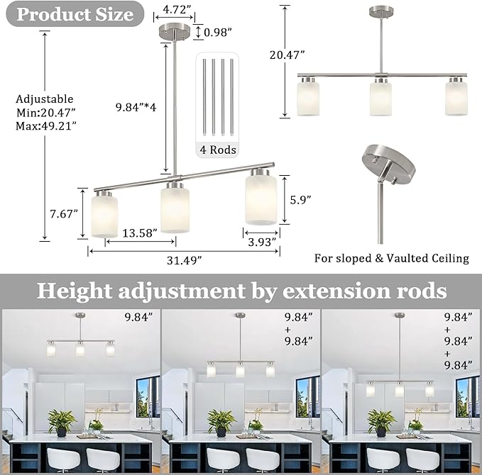 3-Light Kitchen Island Lighting Brushed Nickel Dining Room Light Fixture with Milk Glass Shade 31" Modern Linear Chandelier Adjustable Hanging Pendant Lighting Over Island Dining Table Living Room，E26