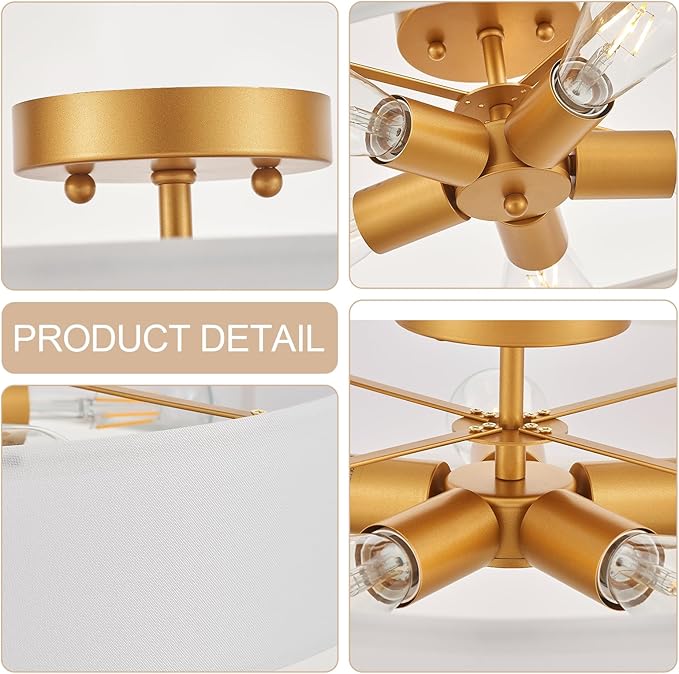 VILUXY Gold Semi-Flush Mount Ceiling Light Fixture with 24" Large White Fabric Drum Shade 5-Light for Bedroom Dining Room Entryway Round Ceiling Lamps