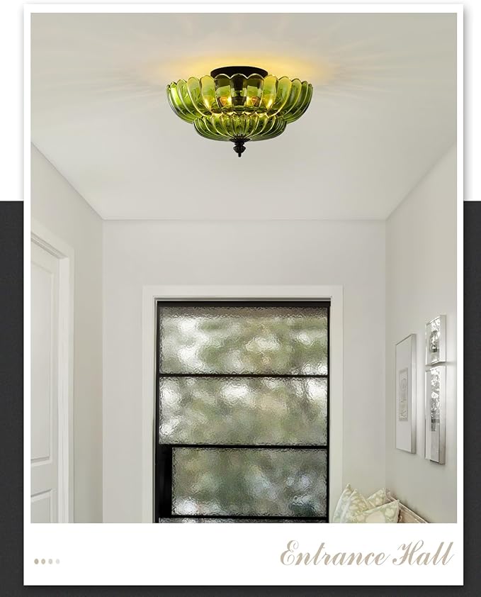 ANYLOVE Modern 12Inch Green Flower Glass Semi Flush Mount Ceiling Light, 3 Light for Living Room Bedroom Hallway Entryway Foyer