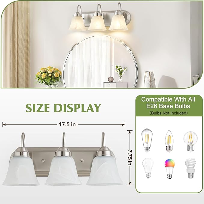 3 Light Bathroom Vanity Lights, Bathroom Light Fixtures Over Mirror, Modern Lighting Fixtures Brushed Nickel Wall Lamp Vanity Lights Apply for Mirror Living Room Cabinet Bedroom, Bulb Not Included