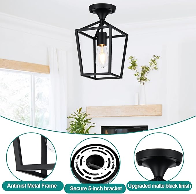 【Upgraded】Semi Flush Mount Ceiling Light, Black Industrial Ceiling Light Fixtures, Farmhouse Light Fixture for Hallway Stairway Garage Living Room Dining Room Balcony（Not waterproof, Not for Outdoor）