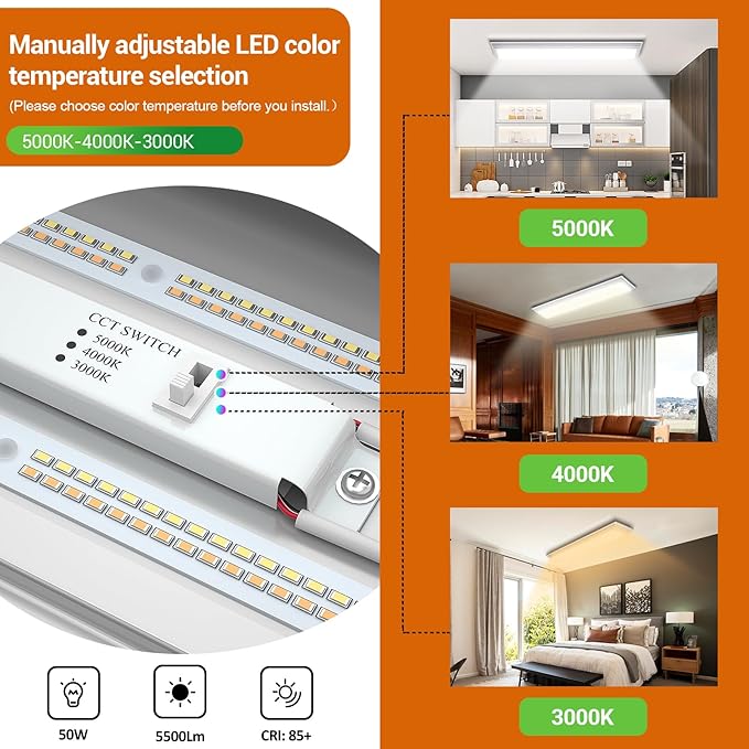 FAITHSAIL Dimmable 4FT LED Wraparound Light, Selectable 3 Color Temperature 3000K/4000K/5000K CCT 50W 5500LM 4 Foot Kitchen LED Light Fixture, Flush Mount 48 Inch Ceiling Lighting Fixture, 1 Pack