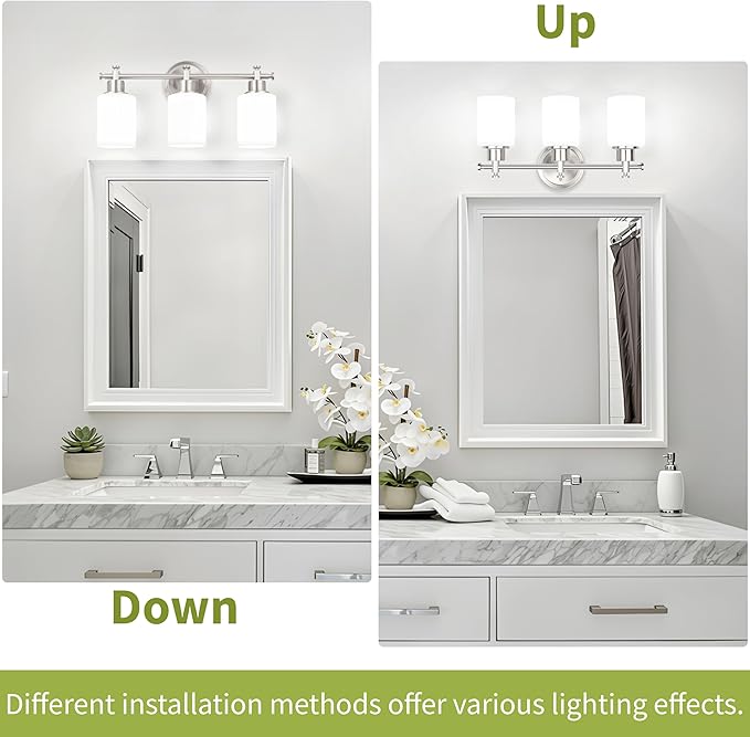 3-Light Bathroom Vanity Light Fixtures, Brushed Nickel Bathroom Wall Sconce, Modern Vanity Light with Milky White Glass Shade Over Mirror, Bathroom, Bedroom, E26 Base, 17 Inch
