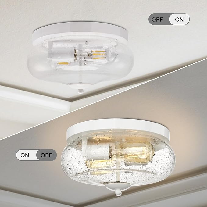 Darkaway Ceiling Light Fixtures Flush Mount Indoor Outdoor Ceiling Light with Seeded Glass Shade for Hallway Kitchen Bedroom Porch Living Room Dining Room White Finish