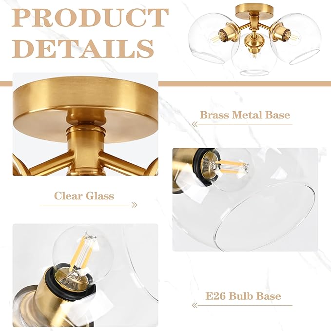 KoKo&Yukina 3-Light Mid Century Modern Gold Semi Flush Mount Ceiling Light Globe Sputnik Chandelier Fixture Clear Glass Globe Ceiling Lights for Bedroom Living Room Hallway Entryway Foyer