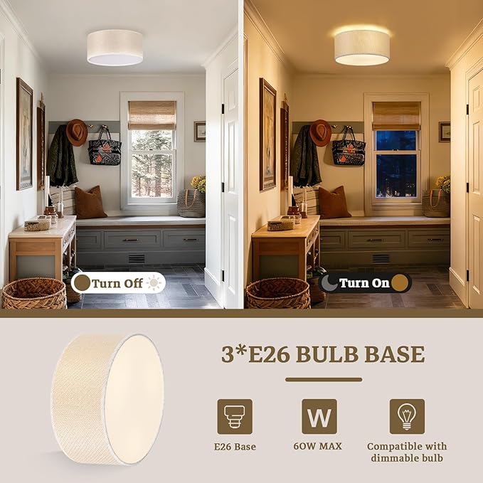 13Inch Farmhouse Semi Flush Mount Ceiling Light,Drum Shade 3-Light Rustic Ciling Fixture for Bedroom,Living Room,Hallway,Entryway,Kitchen,Creating Soft Ambient Home Lighting