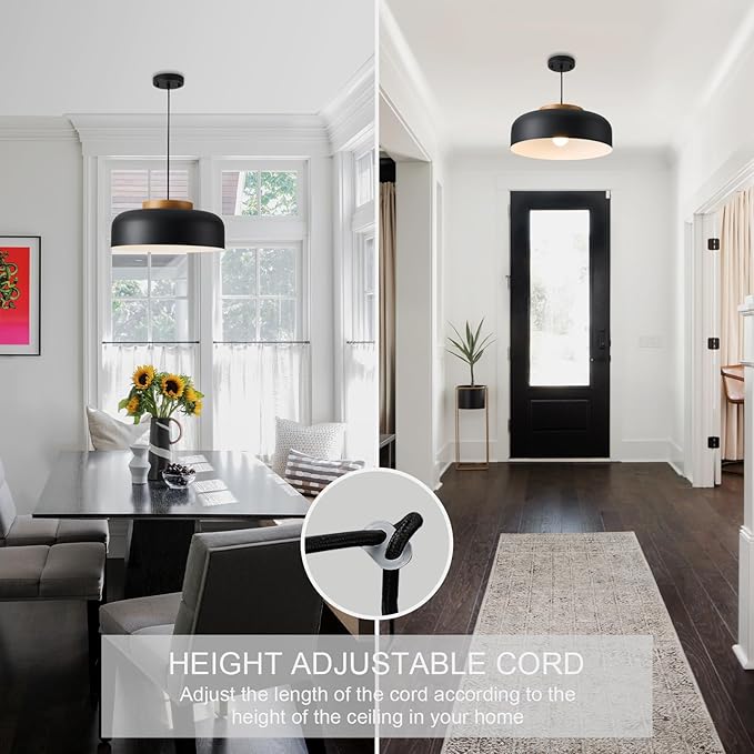 Modern Large Pendant Light Fixture, 17.7 inch,Natural Wood Cap, Matte Black Finish, Simple Pendant Lighting for Kitchen Island, Dining Room, Table