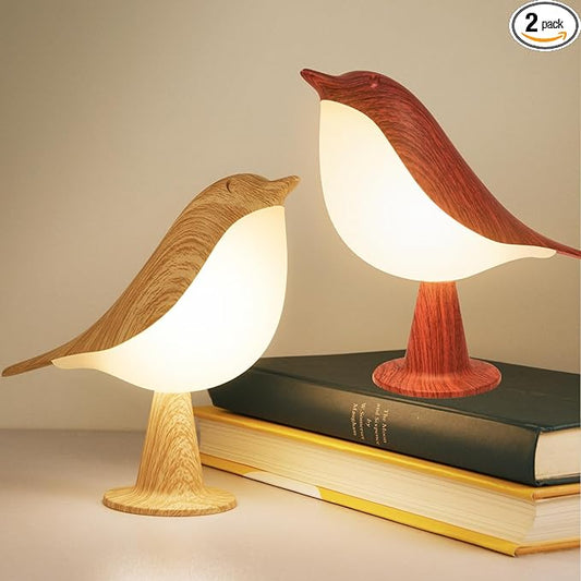 Deogos 2 Cute Bird Lamps Combo,Small Bedside Lamps with 3 Color Temperature and Adjustable Brightness,Rechargeable Cordless Lamp for Bedroom Nightstand Bedside Table (Wood Tone + Red)