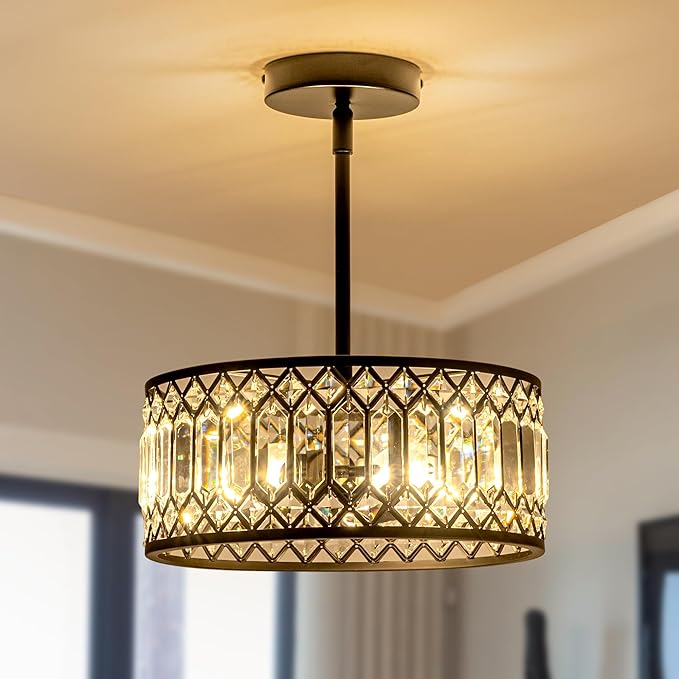 3-Light Crystal Ceiling Light, Modern Semi Flush Mount Light Fixture, Black Crystal Chandelier for Kitchen Bedroom Bathroom Entryway Hallway