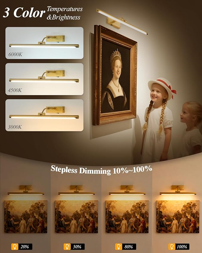 Picture Lights for Wall Battery Operated,16 Inch Wireless Rechargeable Art Lights for Pictures,3CCT Dimmable Retractable Painting Light with Remote & Timer,Glare-Free for Gallery Light,Gold