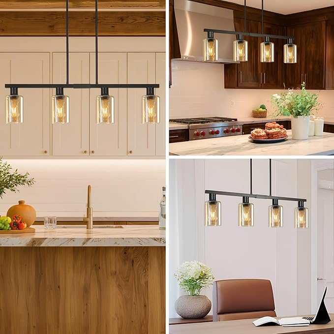 4-Light Kitchen Island Lighting, Black Dining Room Light Fixture with Adjustable Rods & Amber Glass Shades, Farmhouse Decor Black Metal Chandelier with Seeded Glass Shade, Island Lights for Kitchen