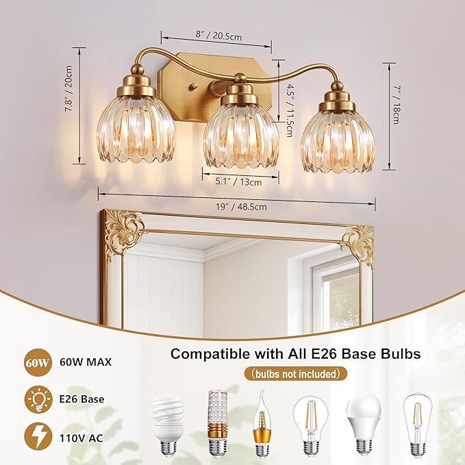 Vintage Bathroom Light Fixtures, 3 Light Gold Bathroom Vanity Light, Matte Antique Brass Finish with Amber Crystal Glass Shade, Wall Sconces Lighting for Bedroom, Living Room（Amber-colored Glass）