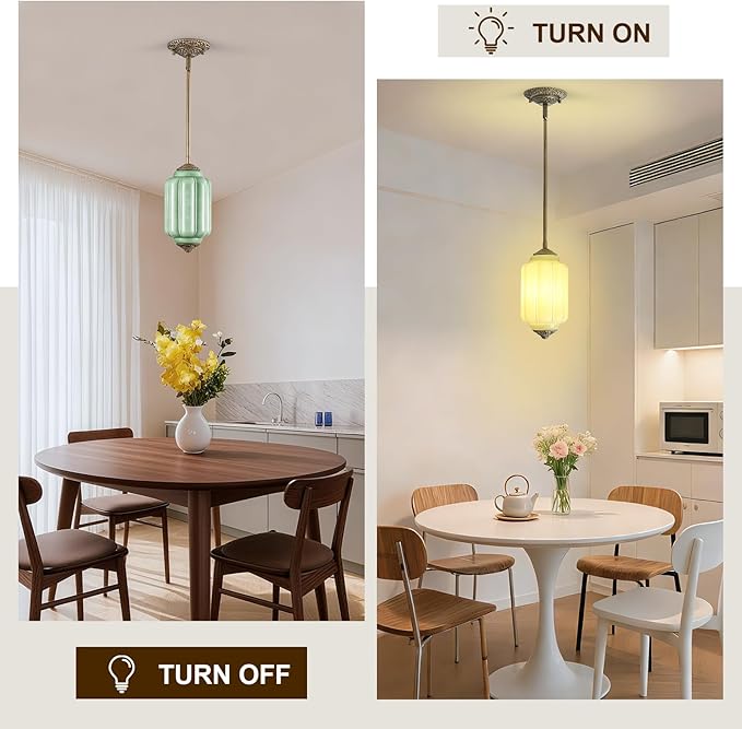 Vintage Milk Glass Pendant Light, 5.5" Semi Flush Mount Pendant Light, Brass Finish Green Glass Hanging Light Fixture for Kitchen, Dining Room, Bedroom, Hallway, Bathroom(Green, 1 Pack)