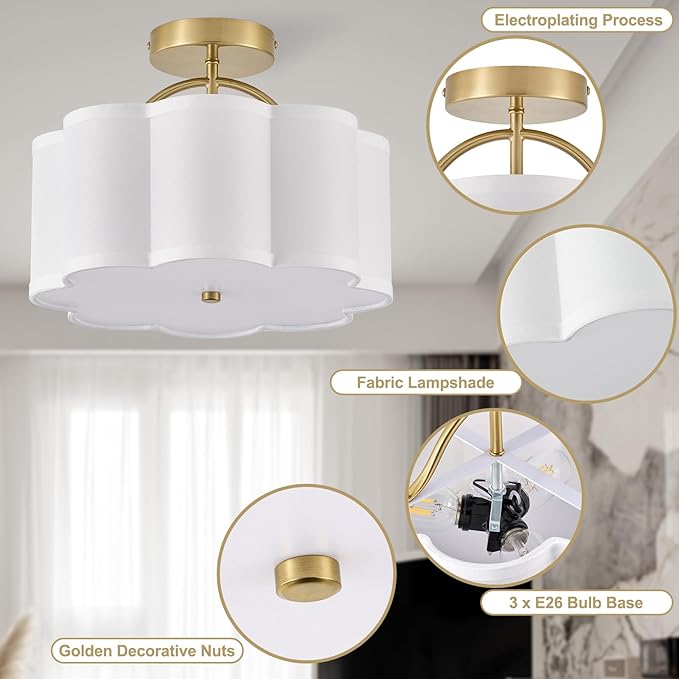 13.5" Gold Semi Flush Mount Ceiling Light Fixture for Bedroom,3-Light Modern Flower-Shape Close to Ceiling Light with Fabric Shade for Bedroom Hallway Nursery Living Room (White)