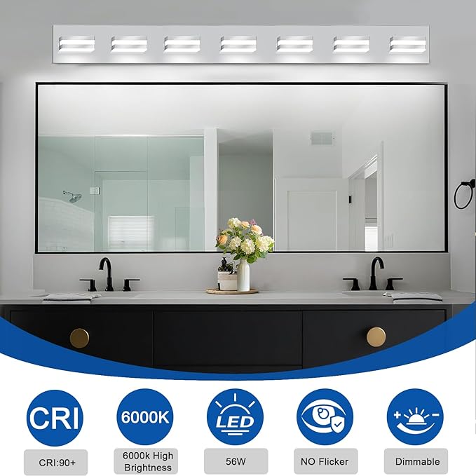 IZORRO LED Modern Bathroom Lights Fixtures(7-Light,Dimmable,360°Rotate),Chrome Acrylic Wall Lighting,Vanity Lights for Bathroom Over Mirror - 6000k 40In （No Assembly Required）