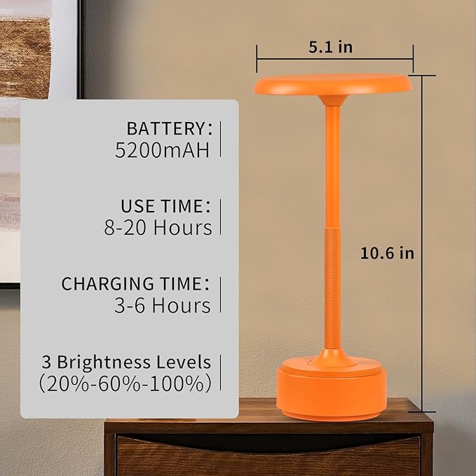HAPYGI 5200mAh Rechargeable Cordless LED Table Lamps Touch Sensor Light, 3-Levels Portable Dimming Wireless Battery Operated Lamp,Night Light/Restaurant Table/Outdoor/Coffee/Bar (Orange)