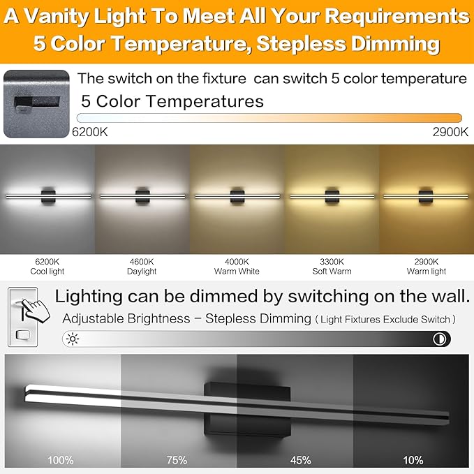 SOLFART Bathroom Lighting Fixtures Over Mirror 25W 40 Inch Modern Black LED Vanity Lights 5CCT Dimmable Bathroom Light