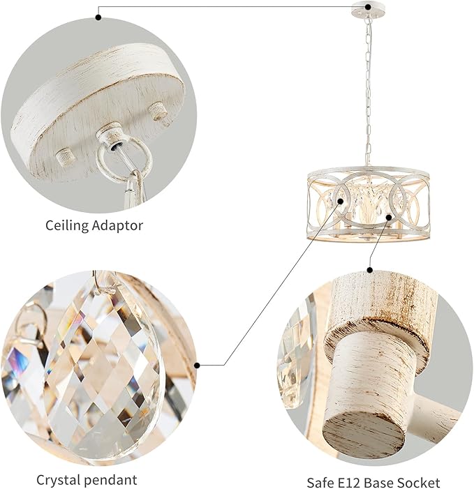 WUZUPS Crystal Chandelier 5-Light Vintage Farmhouse Pendant Ceiling Light Lighting Fixture for Foyer Diningroom Bedroom Hallway Storage Kitchen Bathroom, H 8.3" W 16.1", E12 Base, Antique White