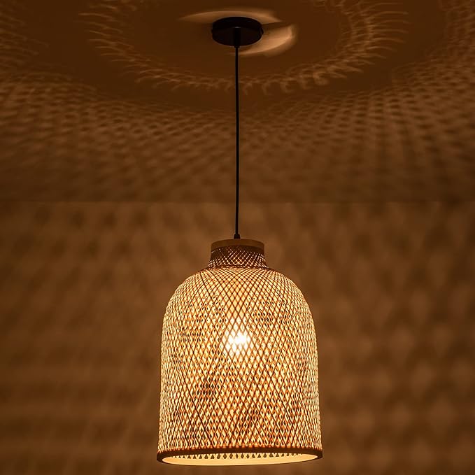 11.81" Dome Woven Pendant Light Fixture, Handmade Geometric Boho Bamboo Woven Pendant Light for Kitchen Dining Room Bedroom Living Room