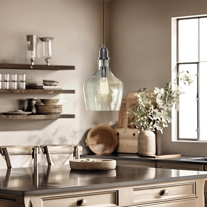INK+IVY Auburn Pendant Kitchen Lighting for Dining Room, Industrial Lights, Hand-blown Glass Bell Shaped Pendant Light for Kitchen Island, Foyer, Bedroom, 9" Dia x 95.5" H, Bronze/Clear