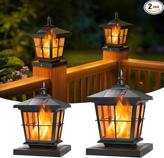 NIORSUN Solar Post Lights Outdoor, Fence Post Solar Lights with Flickering Flame Light, Waterproof, Garden Patio Fence Deck Decor, 4x4 Posts Caps, 4x4, 5x5 Wooden & Vinyl (2 Pack, Black)