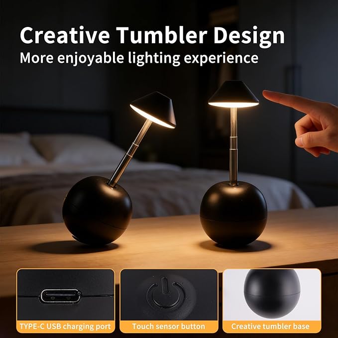 Rechargeable LED Table Light, Tumbler Cordless Table Lamp with 3 Colors & 7 RGB Stepless Dimmable Touch Control Lamps for Patio Restaurant Dining Home Bars (Black)