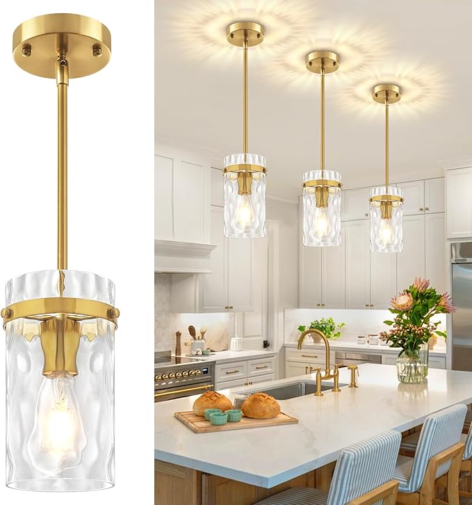 Brushed Gold Pendant Lights Kitchen Island, Modern Hammered Glass Pendant Lighting Over Island Adjustable Kitchen Hanging Light Fixtures Mini Pendant Light for Bathroom Dining Room Hallway Foyer