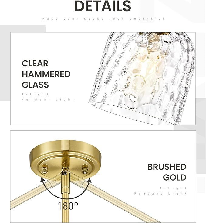 zeyu Glass Pendant Light Kitchen Island, Single Pendant Light, Gold Vintage Hanging Lamp with Clear Hammered Glass, Brushed Gold Finish, ZJF63MIL-L BG