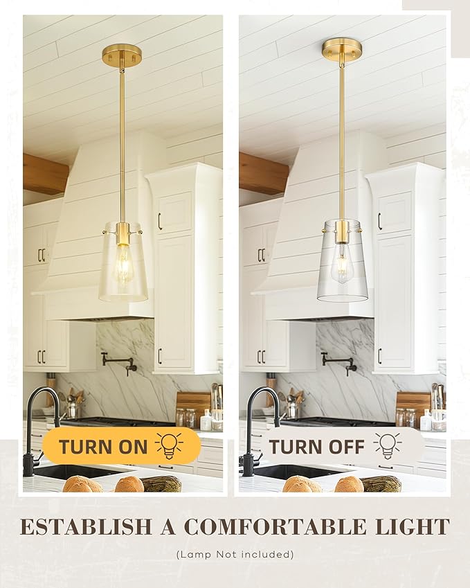 Beionxii Pendant Lights Kitchen Island 2 Pack, Brushed Gold Modern Kitchen Pendant Lighting Over Island, Hanging Lights with Clear Glass for Sink, Dining Room, Entryway, BX-PL03BG-2CG