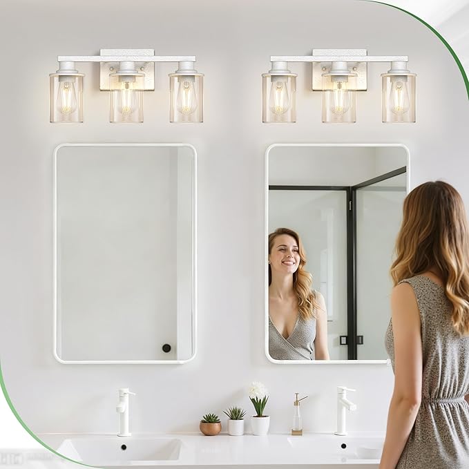 DORESshop 17 Inch Bathroom Light Fixtures, 3-Light Vintage Ivory Bathroom Lighting Fixtures Over Mirror with Clear Glass Shade, Vanity Lights for Living Room Bedroom