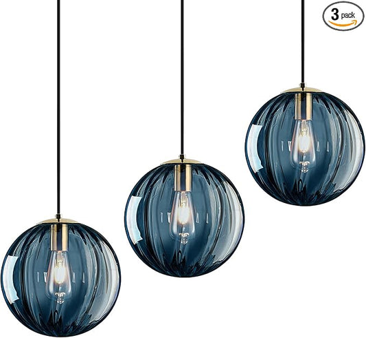 Modern Blue Glass Pendant Light, Kitchen Island Lighting 3-Pack Globe Pendant Light Fixtures Century Kitchen Island Pendant Lighting for Bedroom Living Dining Room Light Fixture (Without Bulb)