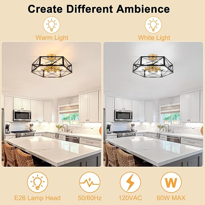 WILON Industrial Semi Flush Mount Ceiling Light, 19.68" Dining Room Light Fixture Farmhouse 6-Light Kitchen Lighting Fixtures Ceiling Mount Black and Gold Light Fixture for Hallway Kitchen Foyer
