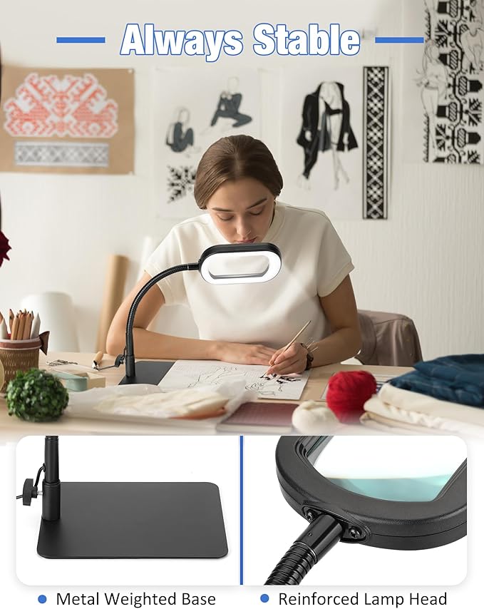 IVMAIE 10X Magnifying Glass with Light and Stand LED Magnifier with Light Hands Free Lighted Magnifying Desk Lamp Dimmable for Close Work Craft Read Cross Stitch Sewing Repair Hobby Rectangular
