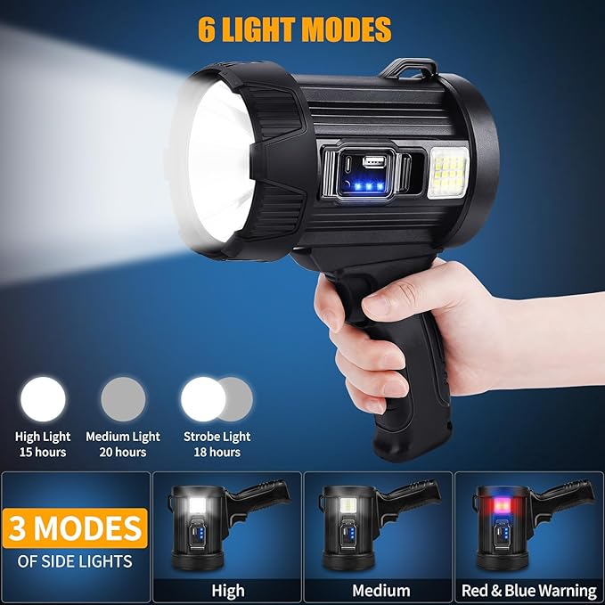 Rechargeable Spotlight, 2000000 LM Super Bright Spotlight Flashlight, Long Running Spot Light Searchlight, Outdoor Handheld LED Flashlight High Lumens with Solar Panels for Hunting Camping Boat