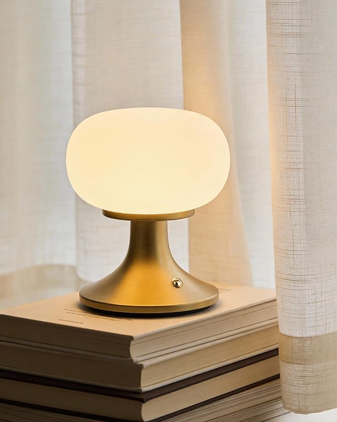Cordless Table Lamp, LED Mushroom Lamp with Glass Shade & Stepless Dimming, Touch Control Nightstand Lamp for Bedroom,Living Room,Dining Table