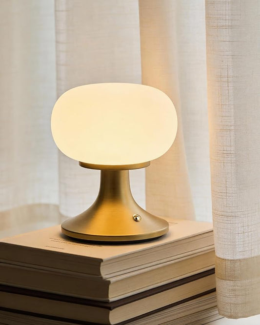 Cordless Table Lamp, LED Mushroom Lamp with Glass Shade & Stepless Dimming, Touch Control Nightstand Lamp for Bedroom,Living Room,Dining Table