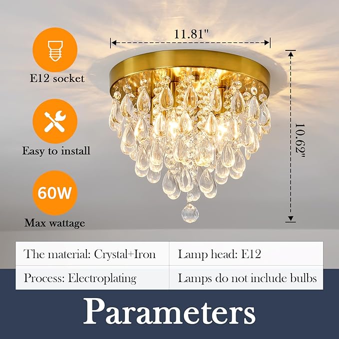 YYJLX Crystal Flush Mount Ceiling Light Modern Crystal Chandelier Gold 4-Light Fixture for Hallway Bedroom Entryway Bathroom Closet
