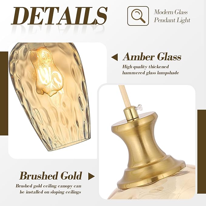 Glass Pendant Lights Kitchen Island 2 Pack, Gold Vintage Pendant Light Fixtures with Hand-Blown Hammered Amber Glass, Farmhouse Modern Brass Hanging Light for Kitchen Sink Dining Room Bedroom
