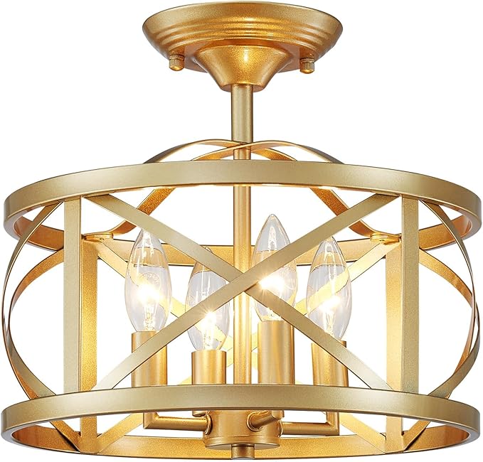 LOOYD Semi Flush Mount Ceiling Light Fixture Vintage Ceiling Light Farmhouse Ceiling Light Metal Cage Ceiling Lamp for Kitchen Dining Room Hallwa Bedroom Living Room (Gold)
