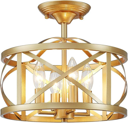 LOOYD Semi Flush Mount Ceiling Light Fixture Vintage Ceiling Light Farmhouse Ceiling Light Metal Cage Ceiling Lamp for Kitchen Dining Room Hallwa Bedroom Living Room (Gold)