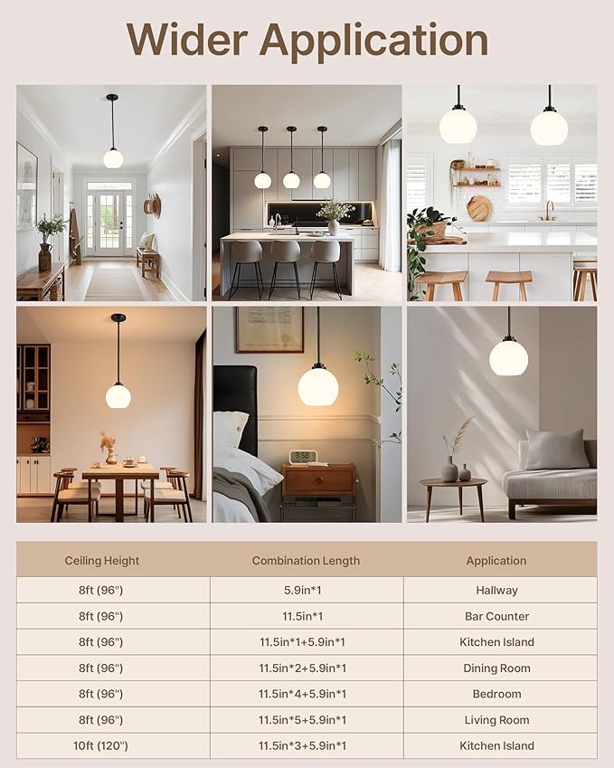 Majade Globe Pendant Lights Kitchen Island Pendant Light Fixtures 7.4 Inch Black Mid Century Modern Globe Pendant Lighting with Milk Glass Adjustable Hanging Light Fixtures for Dining Room living room