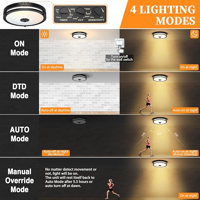 24W LED Motion Sensor Outdoor Ceiling Light, 12IN 2700K/3000K/3500K/4000K/5000K Adjustable Ceiling Lights, Dusk to Dawn Flush Mount LED Ceiling Light Fixture for Porch, Entryway, Garage